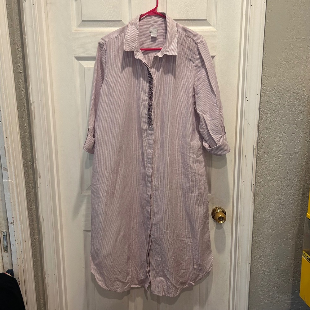 Chico's XL 3 Linen Striped‎ Shirt Dress Button Down Embellished Casual Tunic